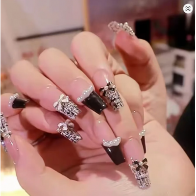 24pcs Black French Press on Nails White Bow Pearl Design Fake Nail